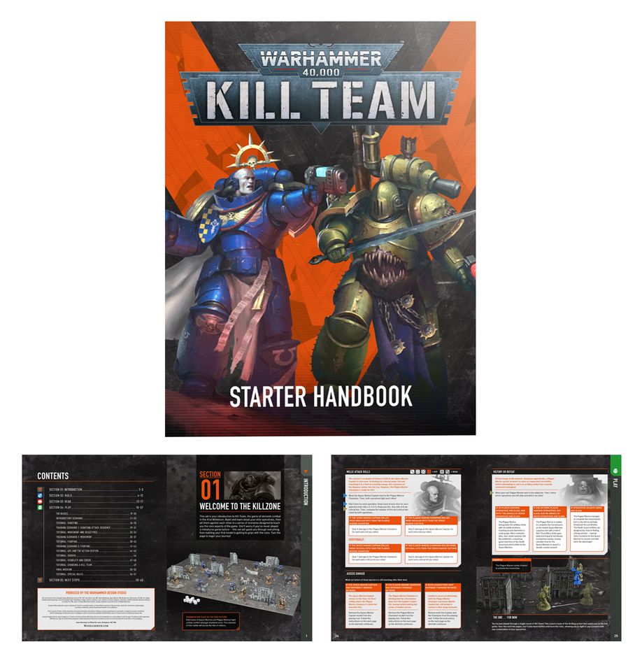 Warhammer 40,000 Kill Team Starter Handbook with character illustrations on an orange background