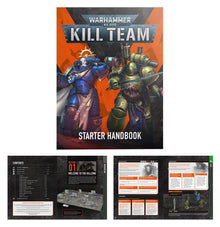 Warhammer 40,000 Kill Team Starter Handbook with character illustrations on an orange background