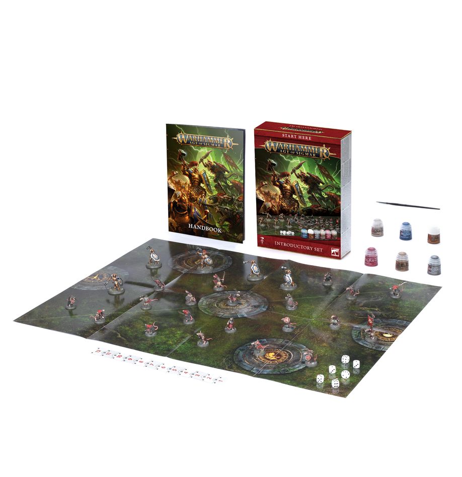 Warhammer figurine game setup with miniatures, dice, and rulebooks on a white background