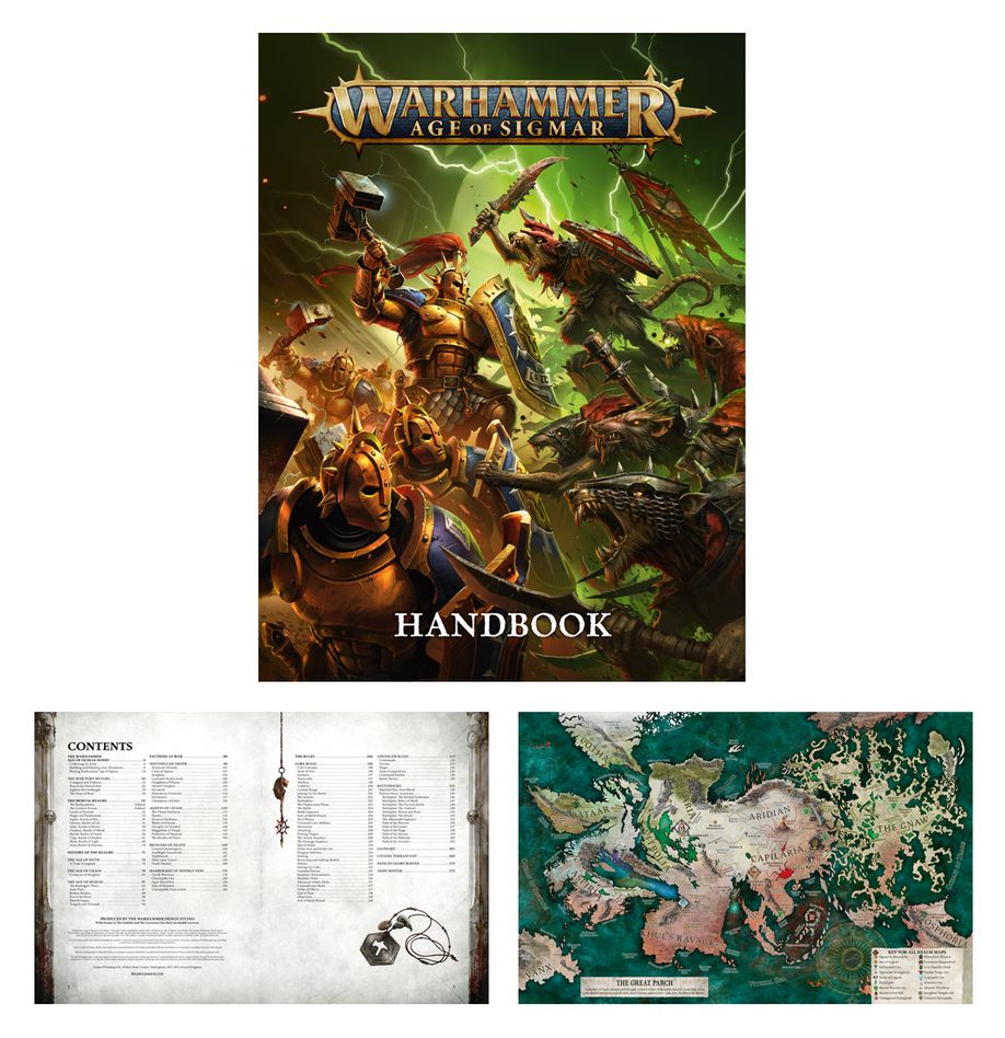 Warhammer Age of Sigmar handbook with character illustrations and map on a white background