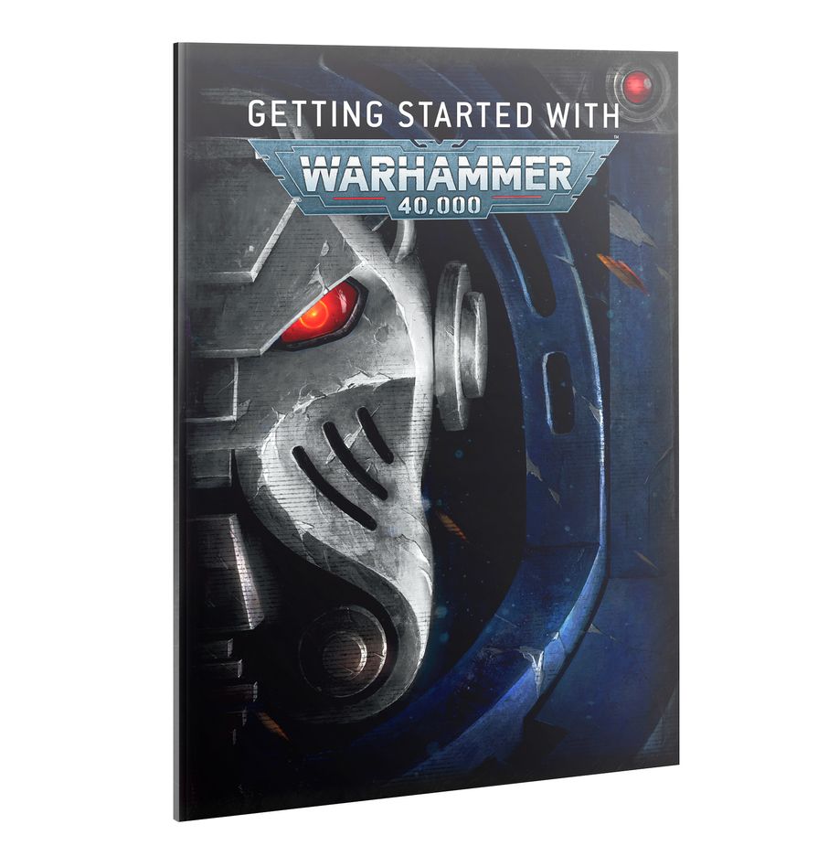 Book titled 'Getting Started with Warhammer 40,000' featuring a robot design on the cover.