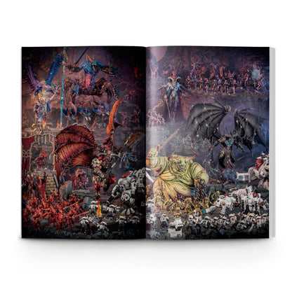Open book displaying fantasy artwork with various creatures and characters.