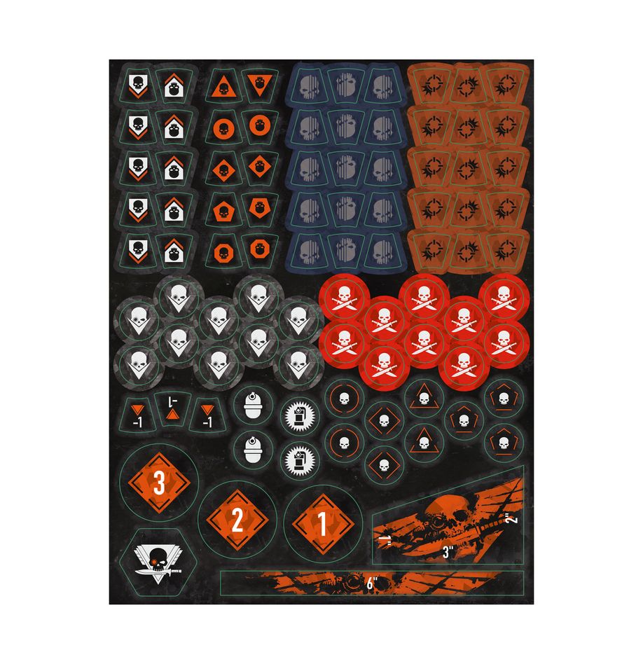 Collection of gaming tokens with various symbols on a black background