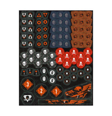 Collection of gaming tokens with various symbols on a black background