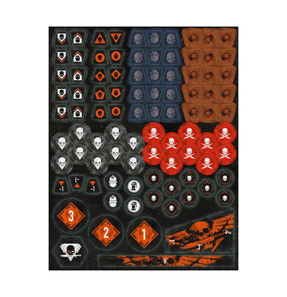 Collection of gaming tokens with various symbols on a black background