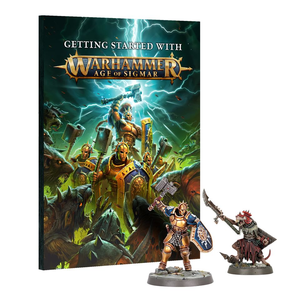 Warhammer Age of Sigmar game book with two miniatures on a white background