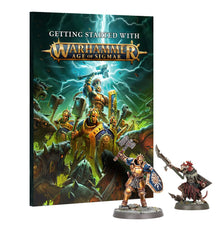 Warhammer Age of Sigmar game book with two miniatures on a white background