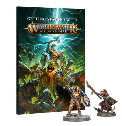Warhammer Age of Sigmar game book with two miniatures on a white background
