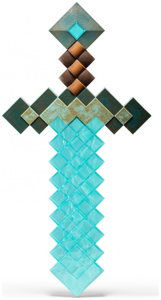Diamond sword from Minecraft with a turquoise blade and brown hilt on a white background