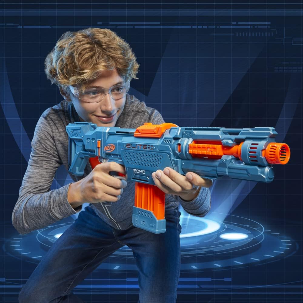 Person holding a toy gun with a futuristic background