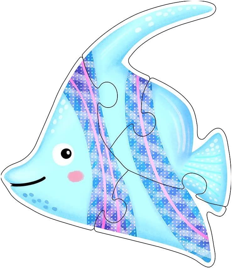 Blue fish-shaped puzzle with pink accents on a white background