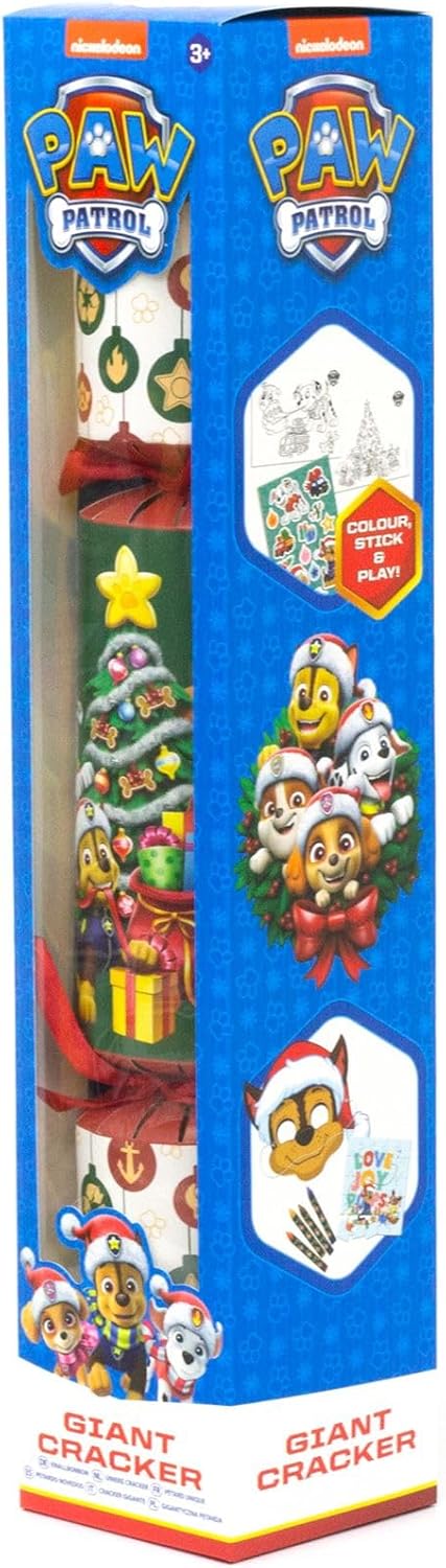 Paw Patrol Giant Cracker packaging with cartoon characters on a blue background