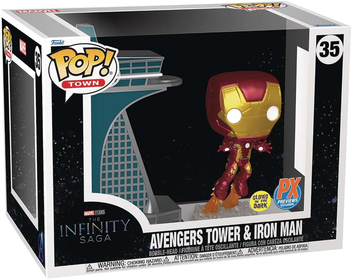Funko Pop! vinyl figure featuring Iron Man and Avengers Tower, with PX logo.