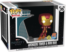 Funko Pop! vinyl figure featuring Iron Man and Avengers Tower, with PX logo.