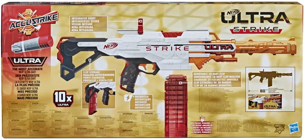 Nerf Ultra Strike blaster packaging with branding and product details.