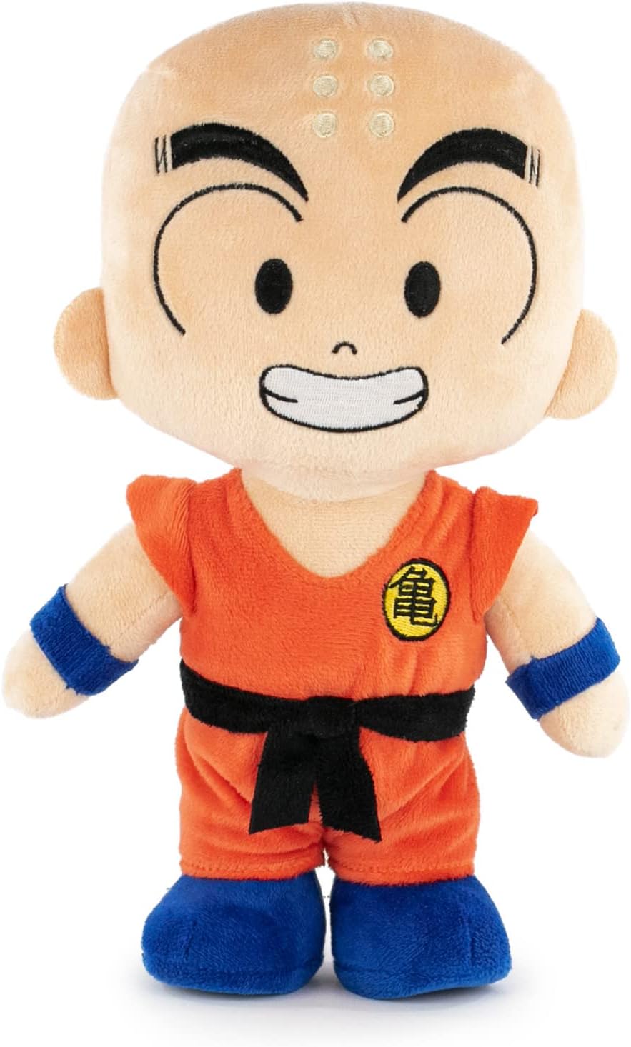Plush toy of a character Krillin Dragon Ball in an orange outfit with a black belt and blue wristbands on a white background