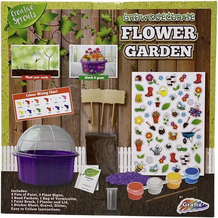 Flower garden kit packaging with various gardening tools and materials on a wooden background