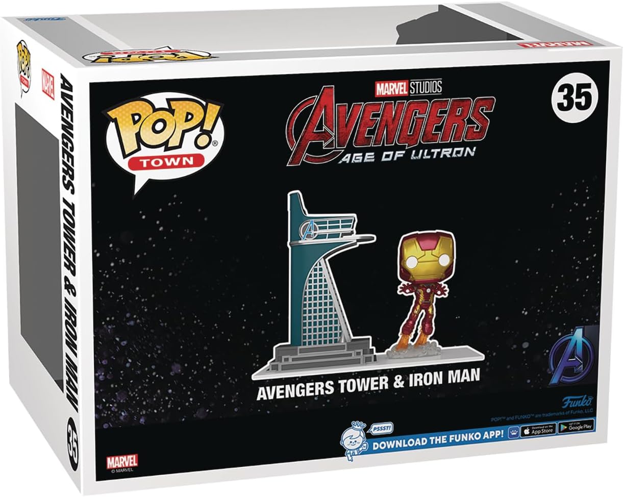 Funko Pop! packaging featuring Avengers Tower and Iron Man figure with Marvel branding.