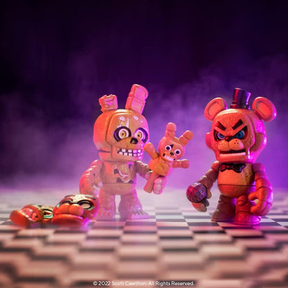 Two toy figures on a checkered surface with a dark, smoky background
