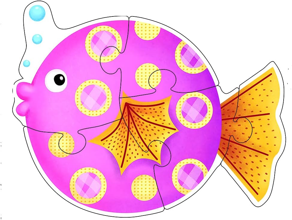 Colorful fish-shaped puzzle with pink body and orange fins on a white background