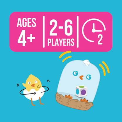 Children's game packaging with cartoon chick and egg, age recommendation, and player information on a blue background.