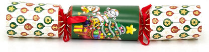 Three Christmas crackers with festive designs on a white background