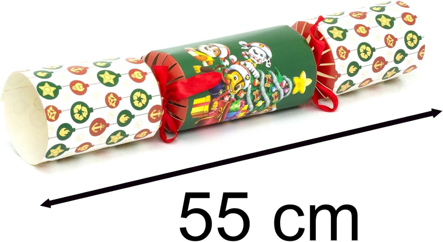 Roll of Christmas-themed wrapping paper with a measurement label indicating 55 cm.