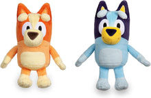 Two plush toys Bluey / Bingo 20 cm plush, one orange and one blue, on a white background