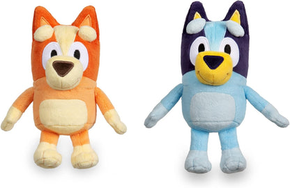 Two plush toys Bluey / Bingo 20 cm plush, one orange and one blue, on a white background