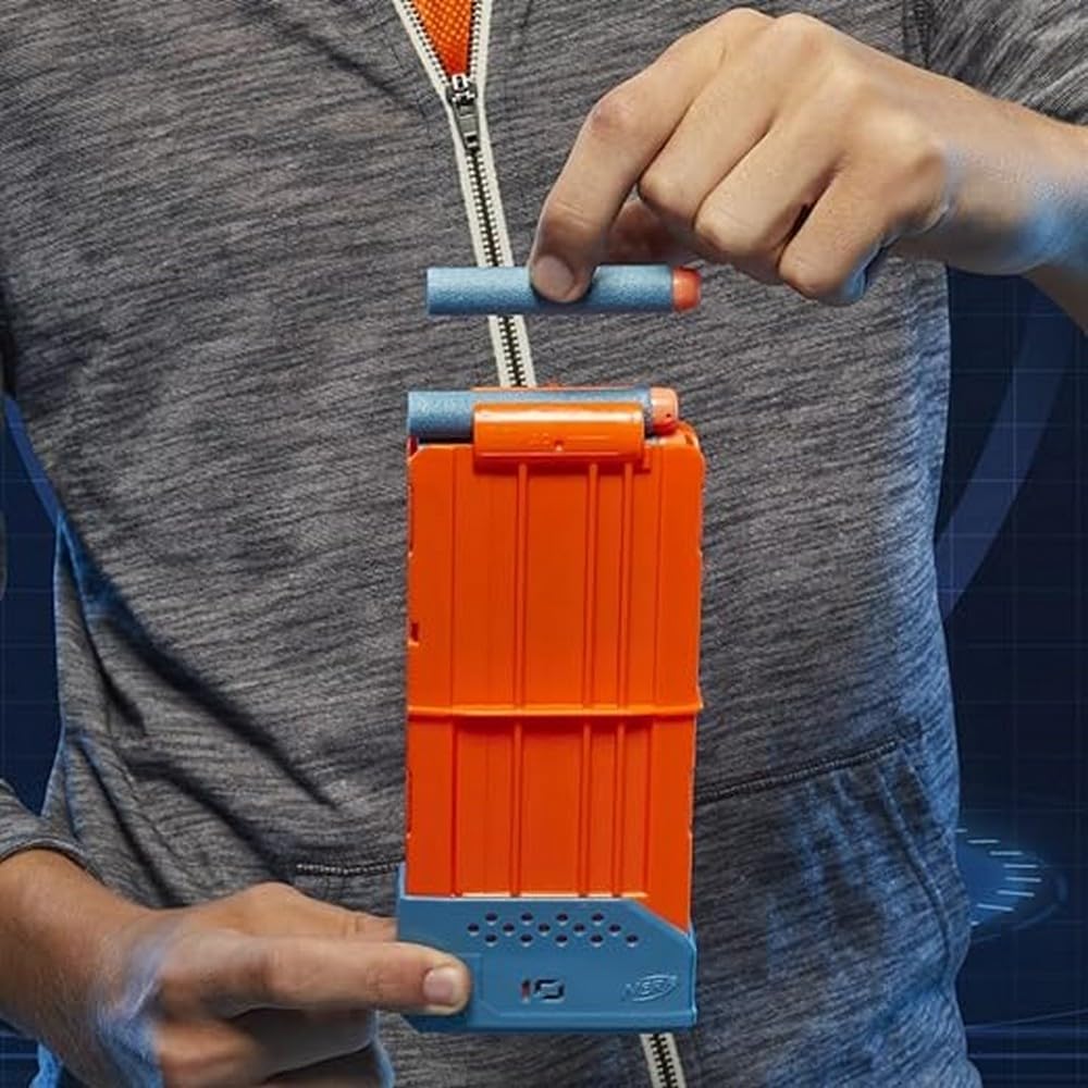 Person holding an orange and blue toy gun with a magazine loaded.