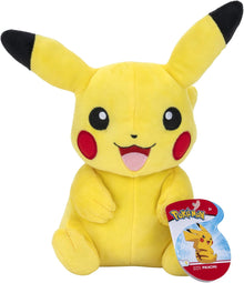 Plush toy resembling Pikachu with a Pokémon tag on a white background