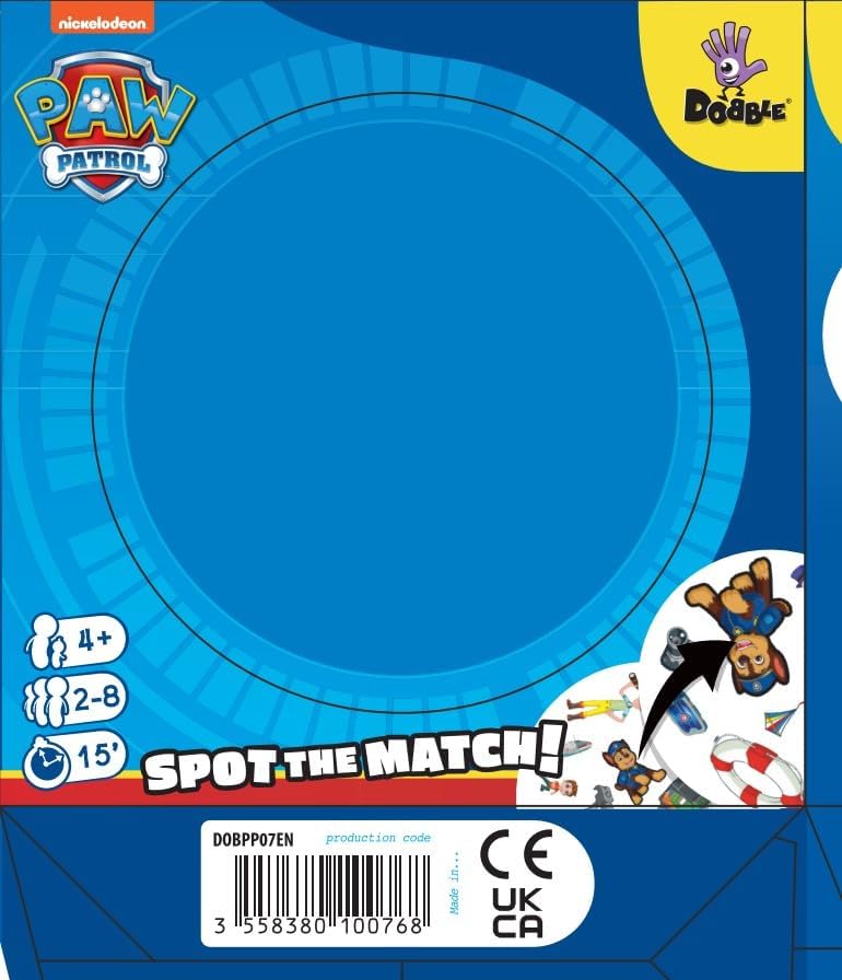 Packaging for a 'Spot the Match' game by PAW Patrol and Dobble, featuring blue circle and character illustrations.
