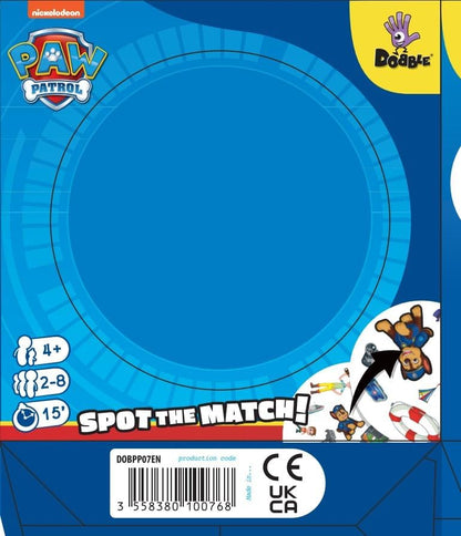 Packaging for a 'Spot the Match' game by PAW Patrol and Dobble, featuring blue circle and character illustrations.