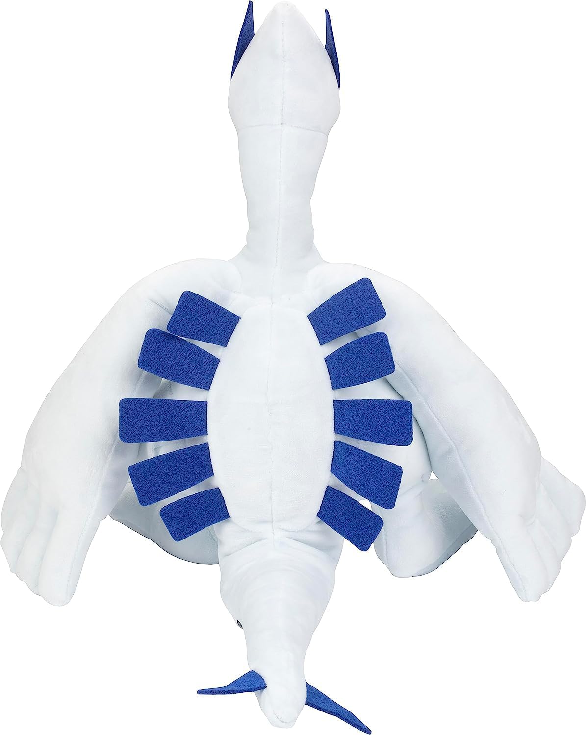 White plush toy Lugia with blue accents on a white background