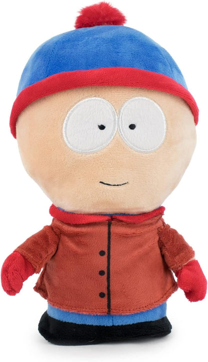 Plush toy of a character from South Park with a blue hat and red jacket on a white background