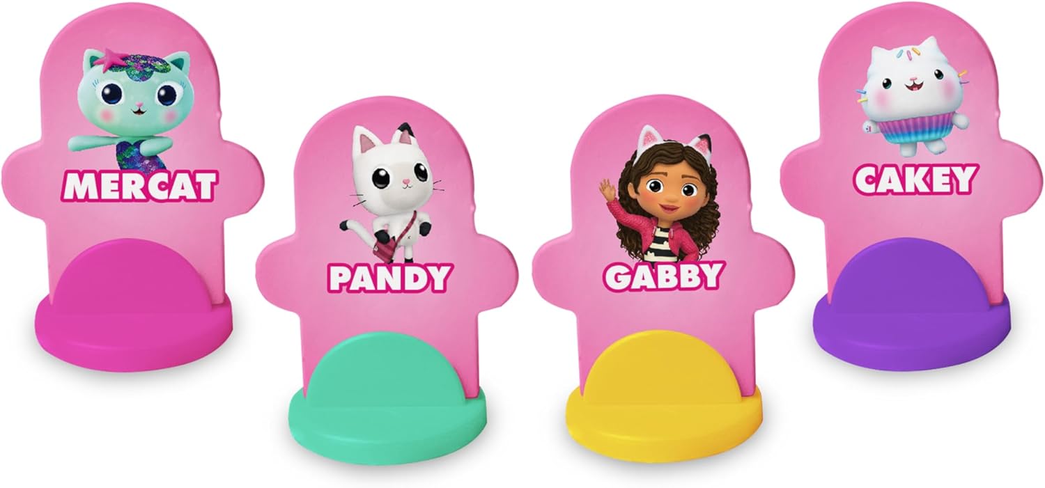 Four pink character figurines with names on a white background