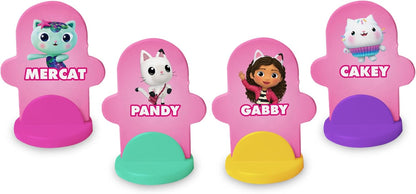 Four pink character figurines with names on a white background