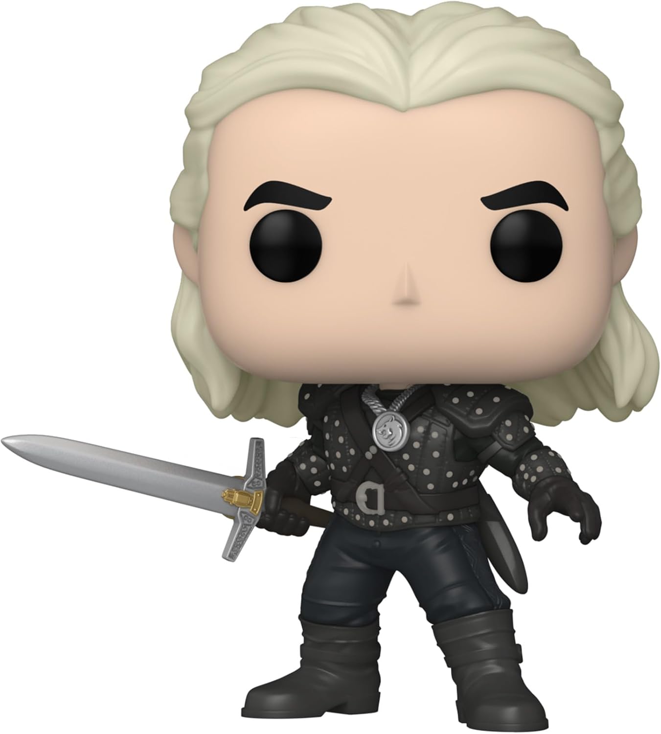 Funko Pop! vinyl figure of a character The witcher with white hair and a sword on a white background