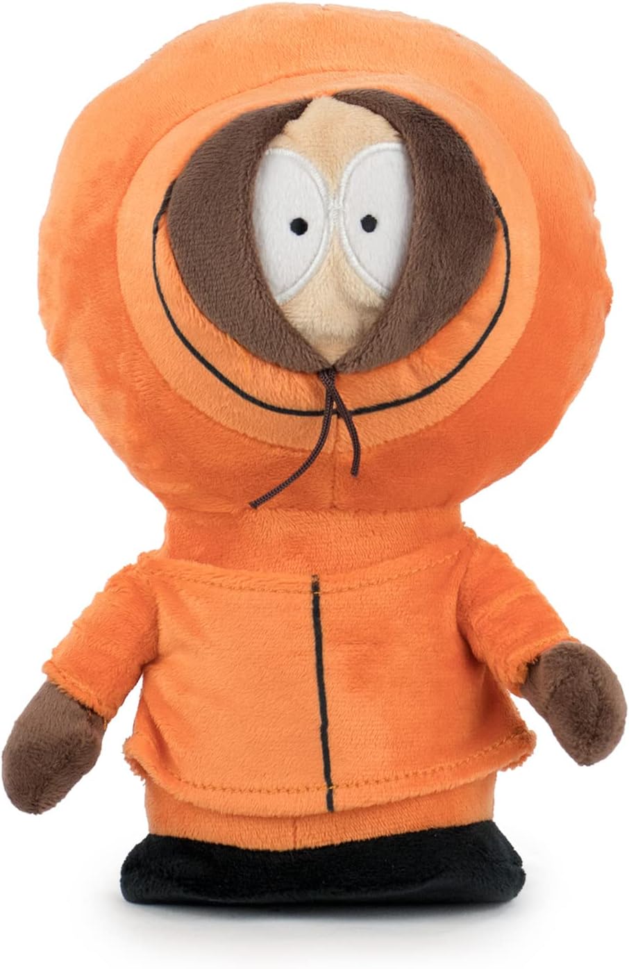 Plush toy wearing an orange hoodie with a character's face on a white background