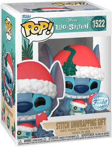 Funko Pop! Stitch figure with Santa hats, in a box.
