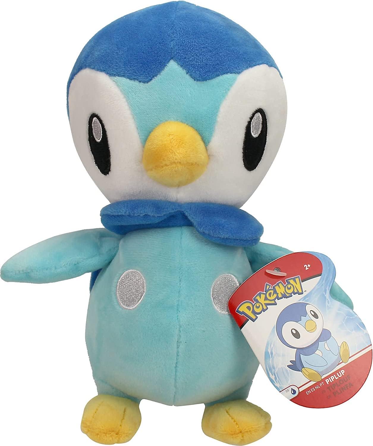 Blue plush toy with a yellow beak and feet, featuring a Pokémon tag on a white background