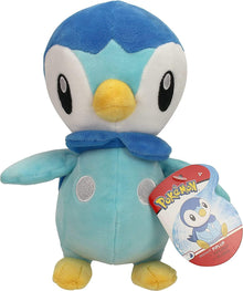 Blue plush toy with a yellow beak and feet, featuring a Pokémon tag on a white background