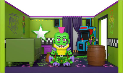 Montgomery Gator with a colorful room featuring arcade games and vibrant decor.