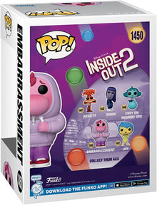 Funko Pop! vinyl figure packaging for 'Inside Out 2' with character illustrations on a purple background.