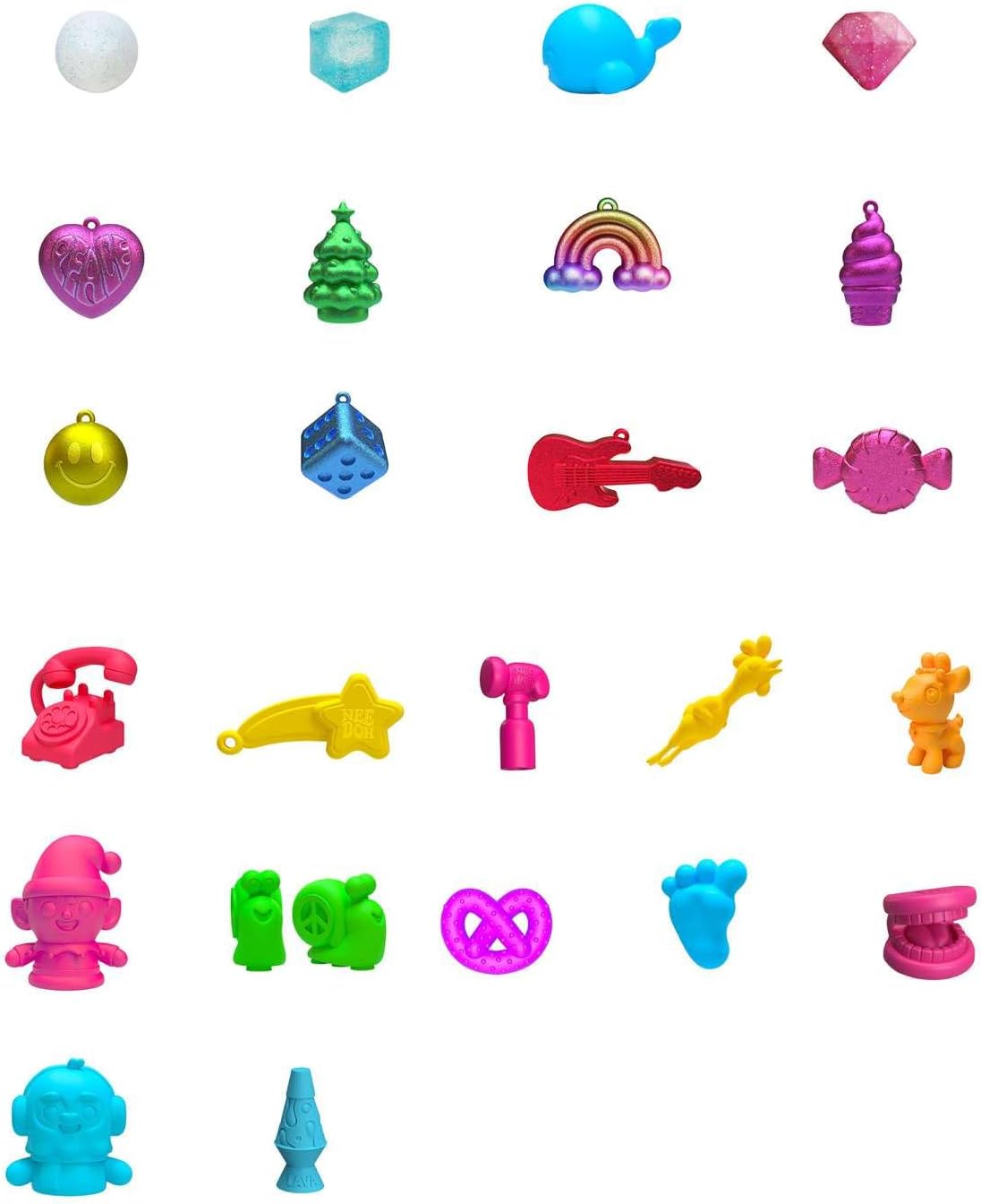 Collection of colorful plastic toys on a white background