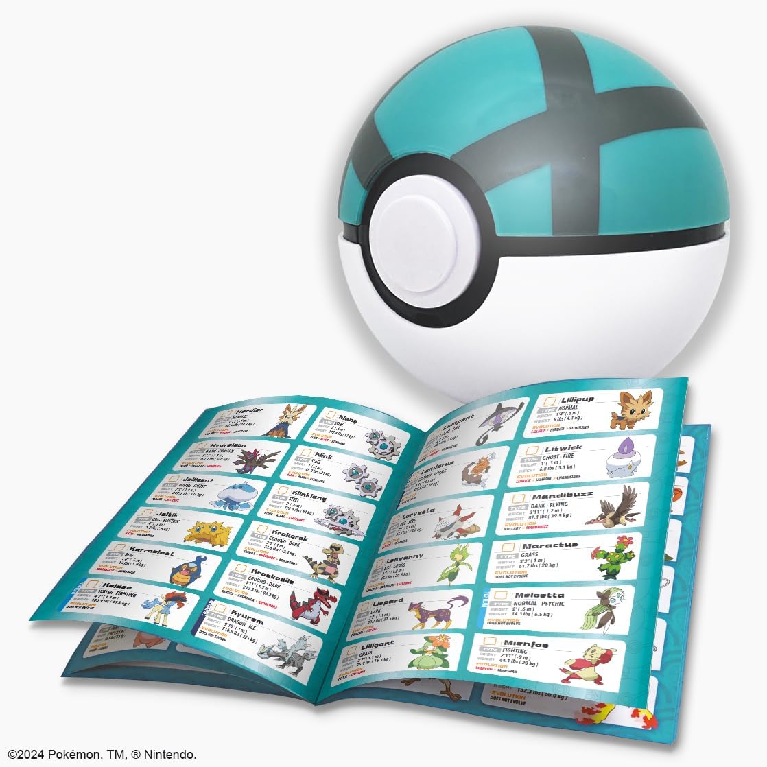Poké Ball Plus with Pokémon trading card book on a white background