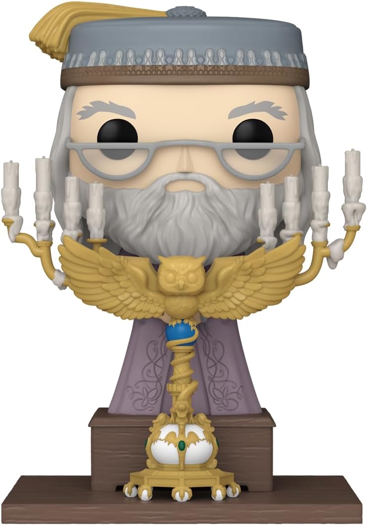 Funko Pop! vinyl figure of a character of Dumbledore with glasses and a beard, holding candles, on a white background.
