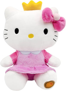 Plush Hello Kitty resembling a character with a pink dress, yellow crown, and pink bow on a white background