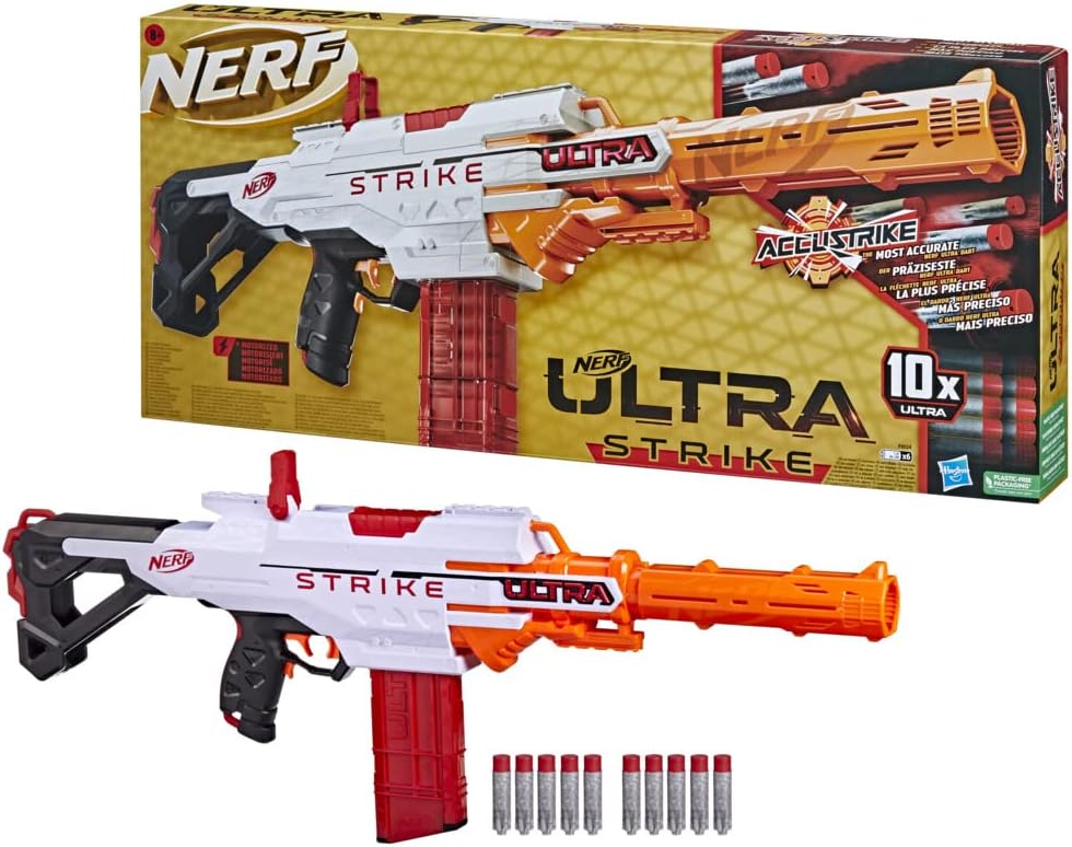 Nerf Ultra Strike toy blaster with packaging and darts on a white background
