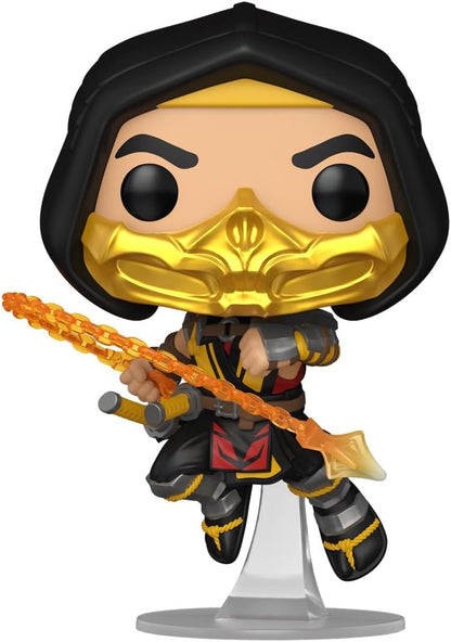 Funko Pop! vinyl figure of figure of Scorpion a character with a gold mask and black hood, holding a weapon on a white background.
